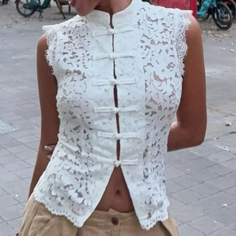 Lace Mandarin Collar Tank